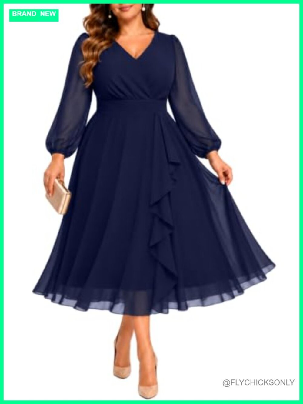 Plus Size Chiffon Midi Dress Long Sleeve Wedding Guest Formal